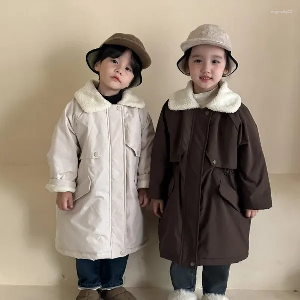 Пуховое пальто, зимние детские утепленные тренчи с флисовой подкладкой, стеганые длинные стильные пальто для мальчиков, теплая верхняя одежда с шерстяным воротником для девочек