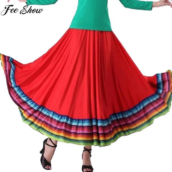 Stage Wear Mulheres Flamenco Ballroom Folk Dance Saia Stripe Hem Elastic Cintura Dancewear para Halloween Festival Party Performance