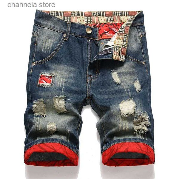 Jeans masculinos jeans mens flip denim shorts novo desgastado buraco remendo vintage jovem design moda arruinado plus size calças de verão t240205