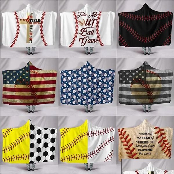 Coperta da calcio da baseball all'aperto da collezione Sherpa Softball Tema sportivo Mantella con cappuccio Calcio Asciugamano da bagno Coperte Dding Drop Delive Ot9Nf