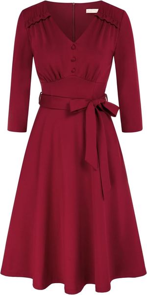 Belle Poque Damen Vintage-Kleid mit Taschen, elegante formelle Arbeitskleider, 3/4-Ärmel, Cocktailkleid