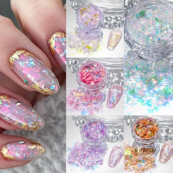 Prego glitter manicure iridescente cristal de gelo opala lantejoulas unhas flocos holográfico brilhante brocado aurora pó cor pigmento de vidro