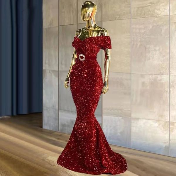 Shinny vermelho lantejoulas sereia vestido de baile de noite elegante fora shpulder querida sem costas longo trem festa ocasião vestidos com cinto