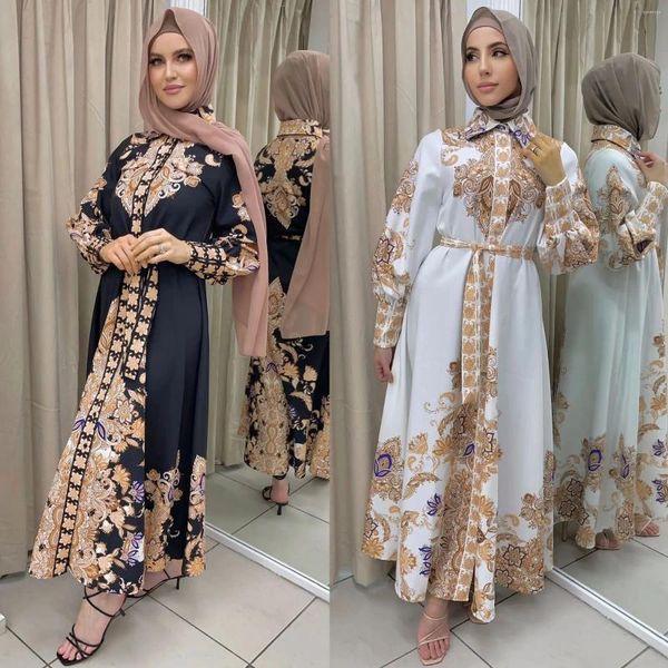 Abbigliamento etnico Abiti altalena con stampa araba Dubai Abaya per le donne Stile nazionale vintage Jalabiya Abito musulmano con colletto rovesciato Islam