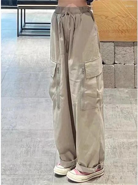 Pantaloni da donna QWEEK Stile Harajuku Khaki Cargo Donna Hip Hop Streetwear Tasche Solid Basic Baggy Pantaloni a gamba larga Oversize Kpop Bottom