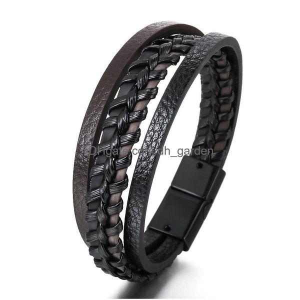 Bracciale rigido in pelle PU Bracciale nero Mtilayer intrecciato con chiusura magnetica Braccialetti con bottoni per uomo Gioielli di moda Consegna di goccia Dhoyb