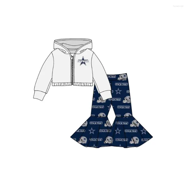 Set di abbigliamento Boutique per bambini Stampa con cappuccio della squadra scolastica Pantaloni a campana Giacca con cappuccio Top Set di vestiti per ragazze Seta di latte personalizzabile