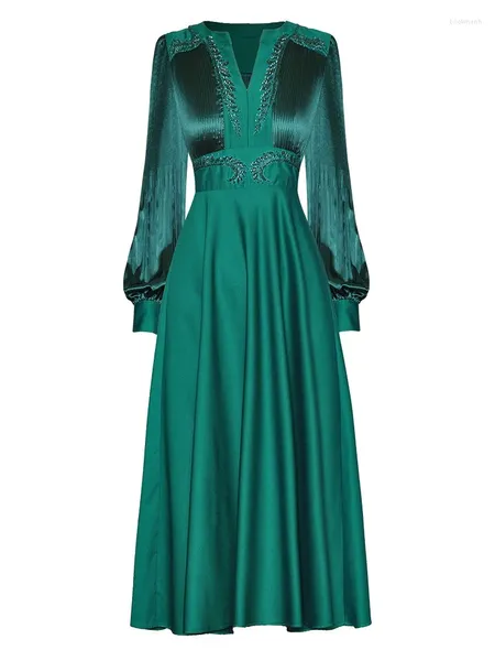 Abiti casual Stravagante donna primavera alta qualità moda festa perline vestibilità slim elegante dolce splendido abito midi a maniche lunghe verde