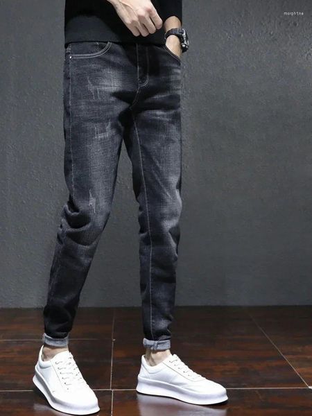 Calças de brim masculinas apertadas calças de tubo com bolsos cortados homem cowboy calças preto magro magro ajuste casual em 2024 moda denim xs