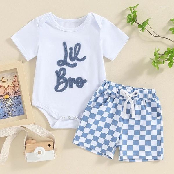 Set di abbigliamento Shorts baby boy set lettera ricami per maniche corte rotonda per collo con a checkerborat pattern 2pcs outfit