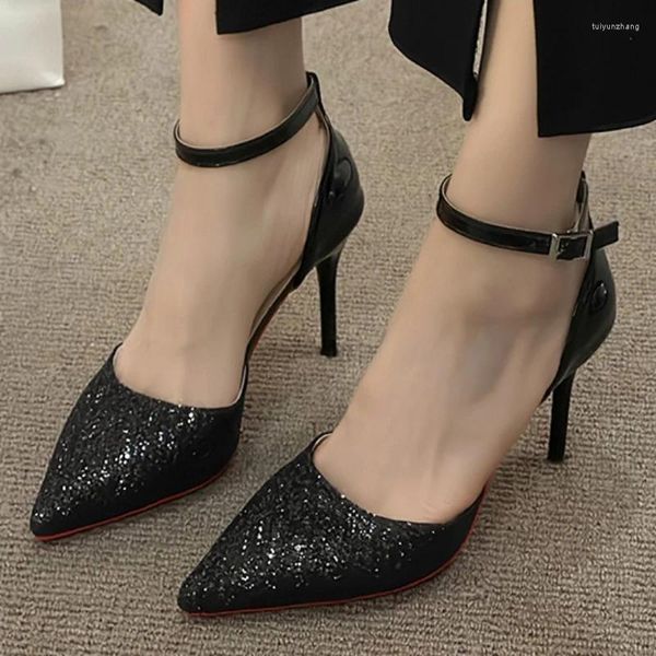 Scarpe eleganti da donna Tacchi alti sexy Sparkle 2024 Punta a punta Tacco sottile Stiletto Party Tinta unita Estate Fibbia piatta da donna