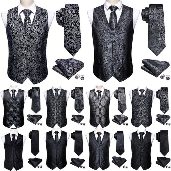 Elegante masculino colete de seda preto prata pasley vestido floral terno colete gravata borboleta conjunto sem mangas jaqueta formal barry wang 240119