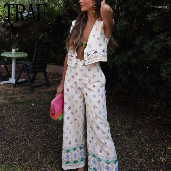 Frauenhose Traf 2024 Print hohe Taille für Frauen Boho Baggy Wide Leg Frau Mode lässige Sommerstrandhose