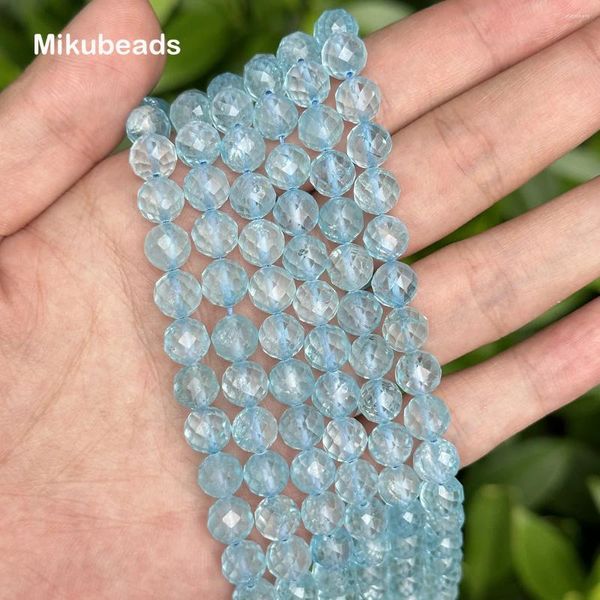 Lose Edelsteine Großhandel natürliche 7,8–8 mm blaue Topas facettierte runde Perlen zur Herstellung von Schmuck DIY Halskette Armband Mikubeads