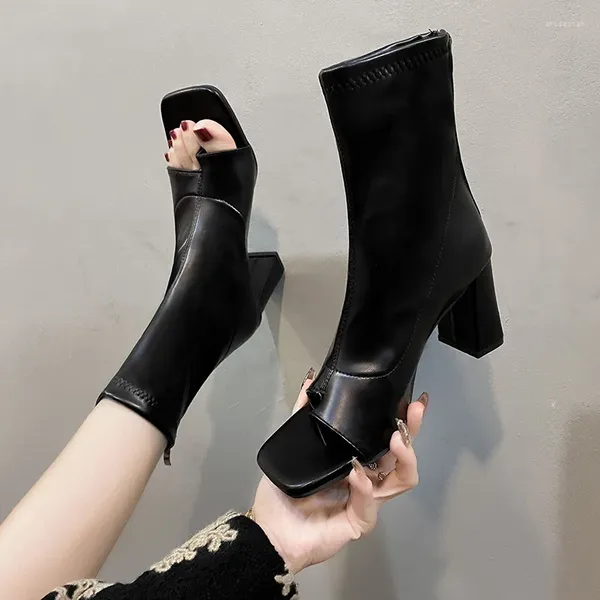 Сандалии, коллекция 2024 года, женская обувь, летние модные ботинки с открытым носком на клипсе, сапоги-дымотрубки на плоской подошве и высоком каблуке, короткие ботинки Tide Botas De Mujer