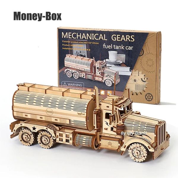 Diy 3d quebra-cabeças de madeira caixa de dinheiro cofrinho caminhão de combustível modelo bloco de construção kits montagem jigsaw brinquedo presente para crianças adulto 240122