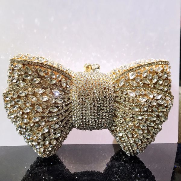 Kadınlar Lüks Bow Taş Debriyaj Çantaları Lady Crystal Akşam Çantaları Metal Yeşil Minaudiere Siyah Rhinestone Çanta Düğün Partisi 240119