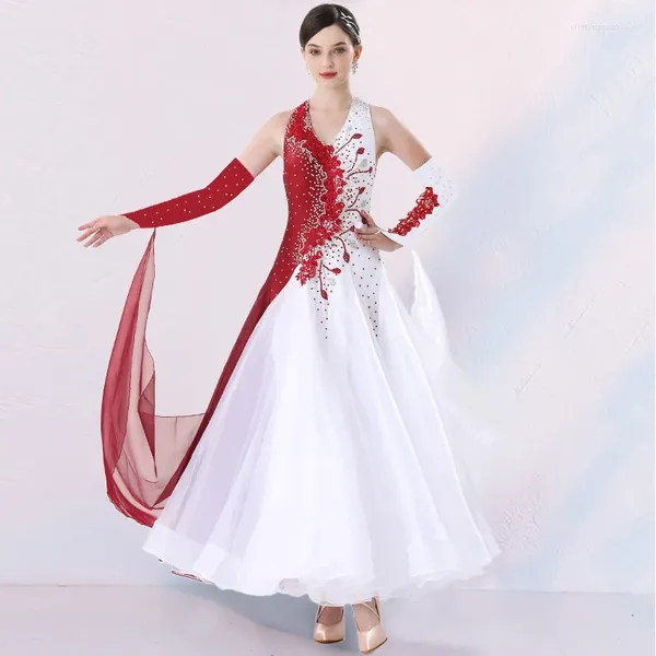 Palco desgaste valsa vinho vermelho rosa diamante vestido moderno salão de baile competição profissional desempenho dança grande