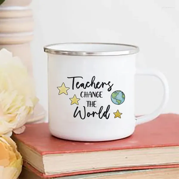 Tazze Insegnanti Cambiano Il Mondo Stampa Smalto Tazze da caffè creative Bevi acqua Tazza da latte Scuola Casa Maniglia Bicchieri Regali per insegnanti