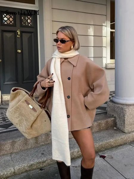 Frauen Mode Wolle Revers Mäntel Vintage Cape Hülse Casual Einreiher Taschen Jacken Herbst Winter Weibliche Chic Streetwear 240125