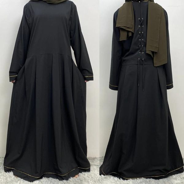 Etnik Giyim Müslüman Kadınlar İçin Son Siyah Elbise Çöp Femme Abaya 2024 Zarif Dantel Yukarı Geri İç Musulman Emsembles