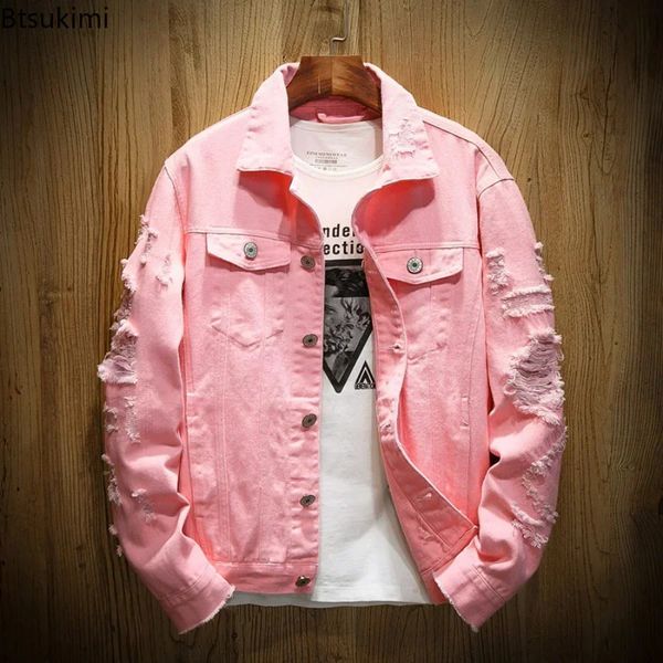 2024 moda masculina jeans jaqueta sólida primavera outono algodão denim jaqueta masculina vermelho branco preto rosa rasgado buraco jean casacos masculino 240122