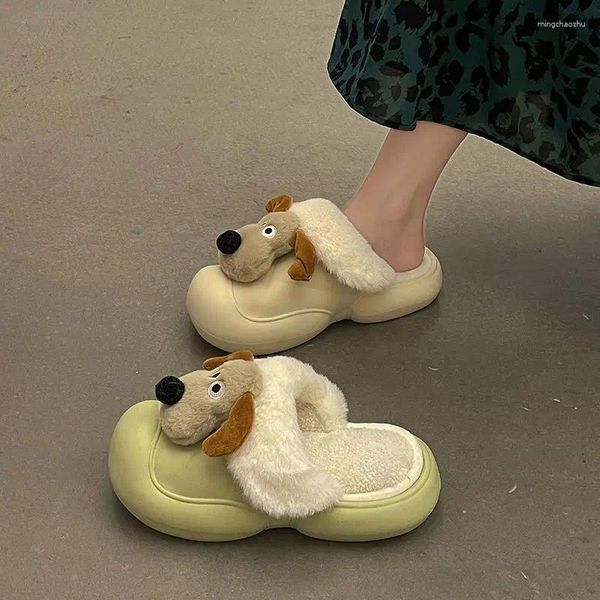 Hausschuhe Nette Cartoon Hund Baumwolle Weibliche Abnehmbare Innen 2024 Herbst Winter Wolle Schuh