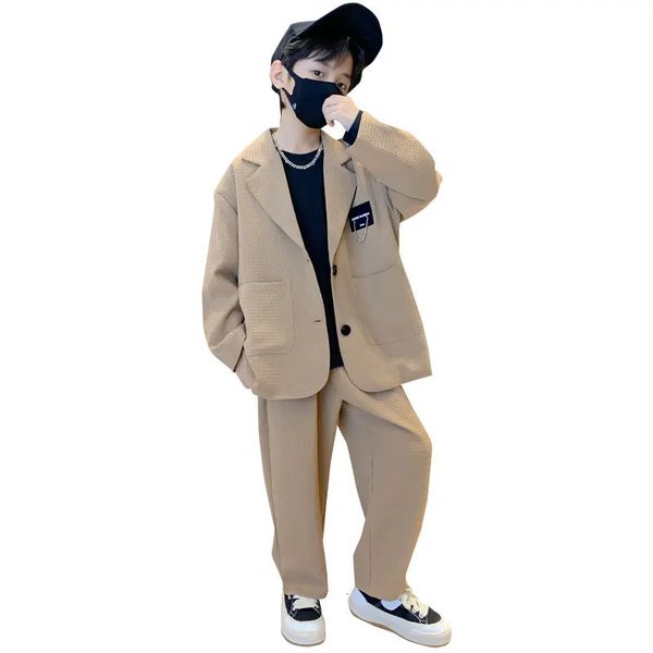 Kinder Jungen Anzug Blazer Hosen Zwei Stück Schwarz Khaki Frühling Herbst Koreanische Kinder Casual Formal Weiche Kleidung Set 5 bis 14 Jahre alt 240119