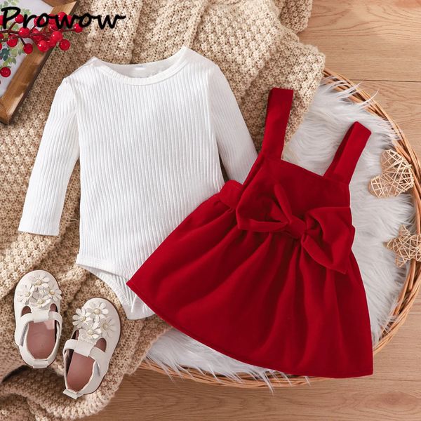 Prowow Mädchen-Outfits-Sets für Babys, weißer Body, Schleife, rotes Samtkleid, Geburtstagsfeier, Kleinkinderanzug für Mädchen, Babykostüm 240124