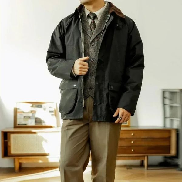 Estilo japonês costura jaqueta jeans masculina outono solto retro highend turn colarinho caça terno jaqueta 240124