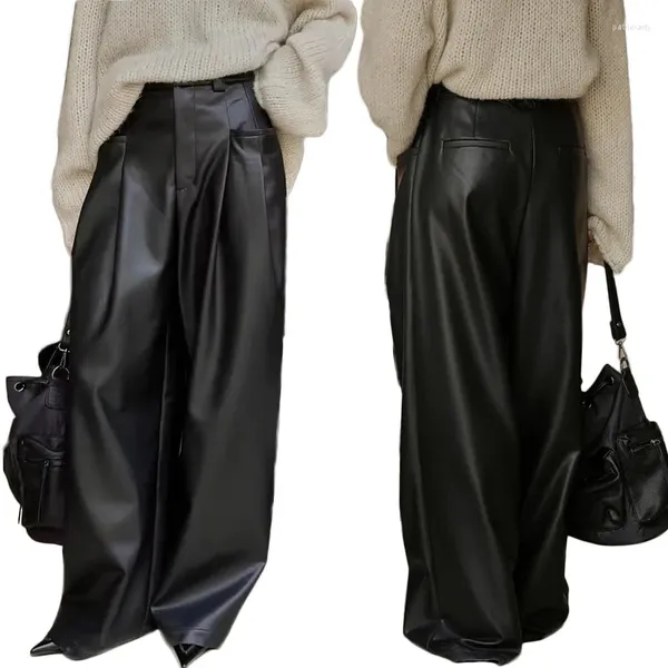 Pantaloni da donna da pavimento moda casual larghi gamba larga in pelle PU abbigliamento da strada