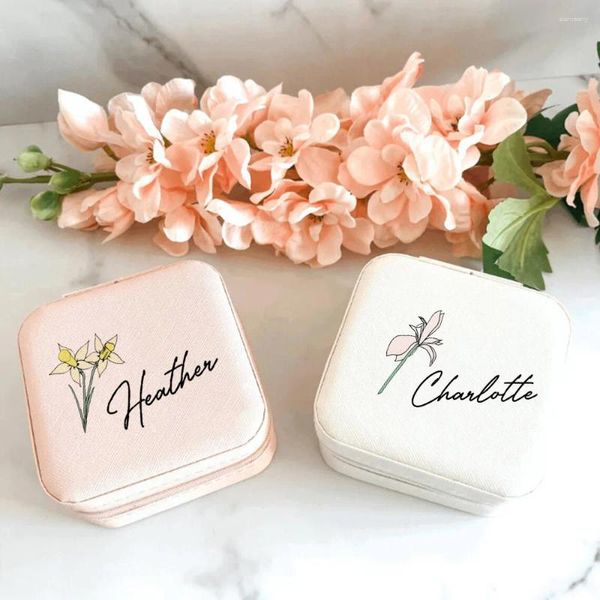 Bolsas de jóias personalizadas flor de nascimento caixa de jóias mês armazenamento meninas caso com nome presentes de festa de noiva