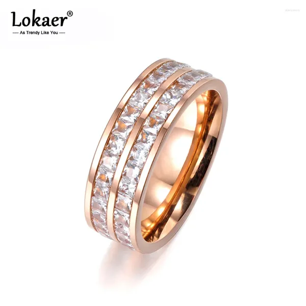 Fedi nuziali Lokaer Design semplice Pave Two Row Clear Cubic Zirconia Colore oro rosa Acciaio al titanio Anniversario per le donne R17050