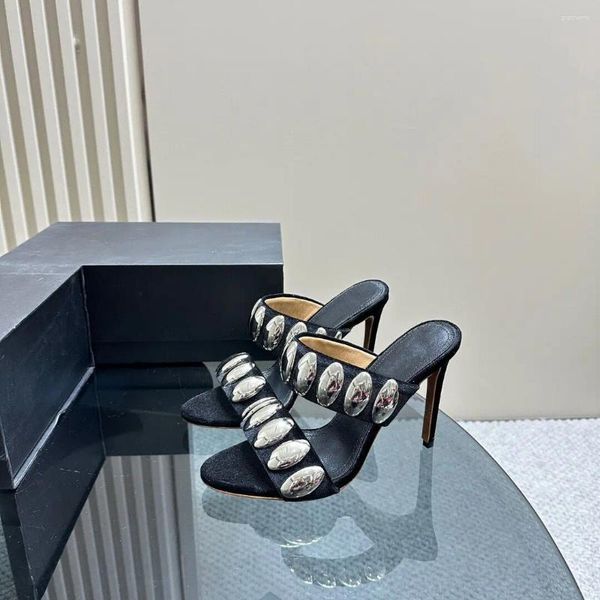Pantofole Taglia 35-43 Est Scarpe estive da donna Sandali di design con decorazione in metallo con tacco alto in pelle scamosciata naturale per bambini