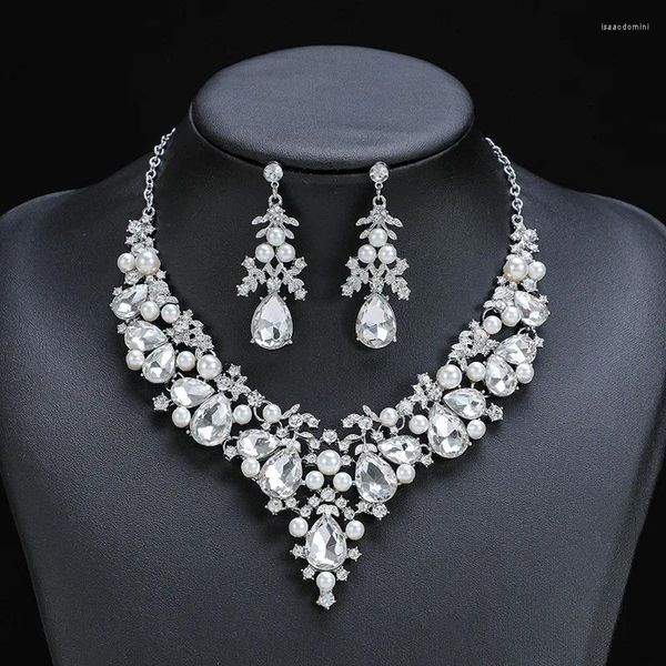 Set di orecchini per collana, gioielli in cristallo di perle all'ingrosso di alta qualità in stile fabbrica per accessori di fidanzamento nuziale
