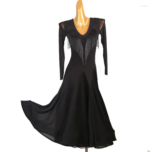 Palco desgaste profissão competição de salão vestido de dança adulto elegância preto valsa dança saia vestidos padrão para mulheres