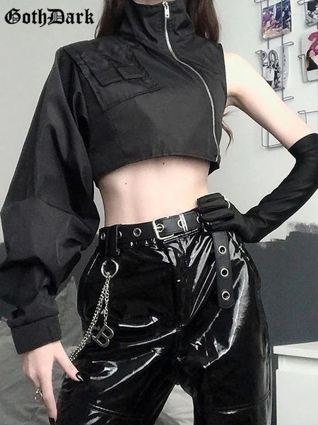 Per donna Giacche Goth Scuro Grunge Nero Punk Zip irregolare Techwear Mall Gotico Neon Verde Crop Top Dolcevita Manica chic Moda streetwear