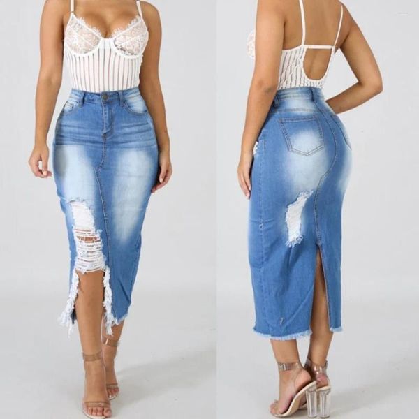 Saias Sexy Buraco Denim Mulheres Cintura Alta Lavado Jean Saia Senhoras Casual Bandage Split Plus Size