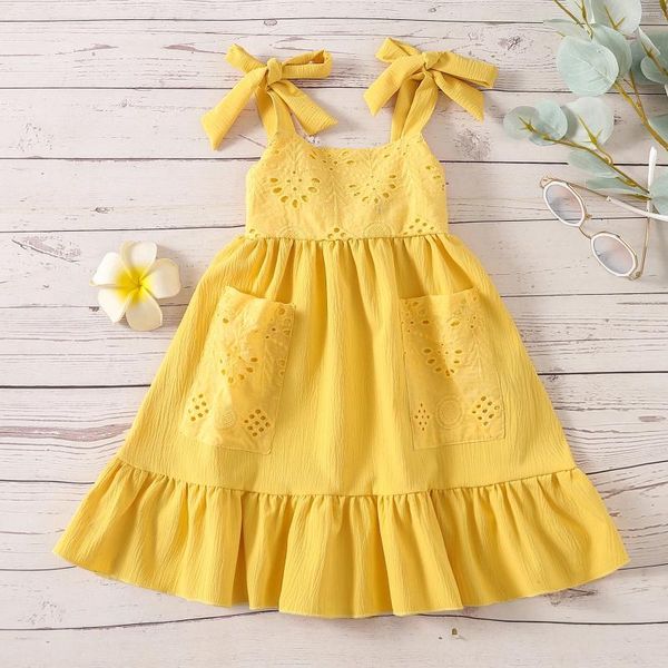 Kız Elbiseler Citgeesummer Çocuklar Askı Elbise Düz Renk Çiçek Çiçek Sıralı Kolsuz Sarı Giysiler