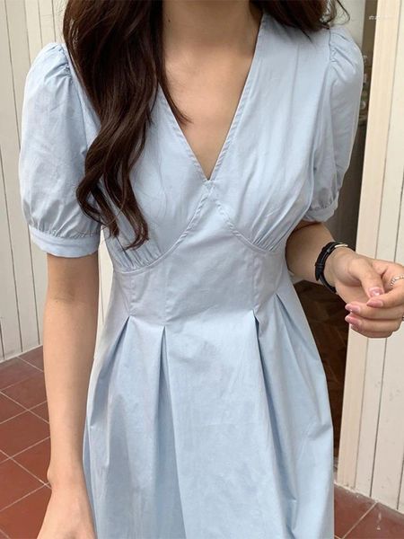 Party Kleider Koreanischen Stil Sommer Elegante Dünne V-ausschnitt Plissee Puff Hülse Midi Langes Kleid Maxi Solide Einfache Frauen Kleidung