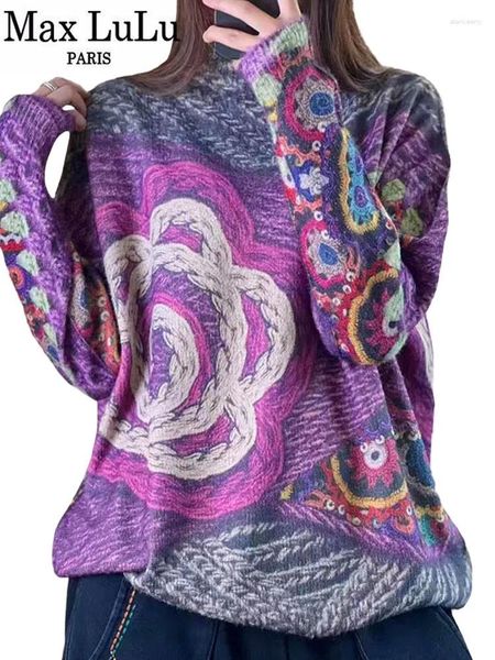 Suéteres femininos max lulu 2024 inverno moda quente mulheres vintage impresso gola alta jumpers feminino luxo floral casual algodão pulôver