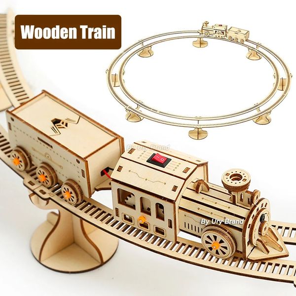 Puzzle 3D Treno a vapore mobile con binario Giocattolo di assemblaggio elettrico Regalo per bambini Kit di blocchi di costruzione di modello in legno per adulti 240122