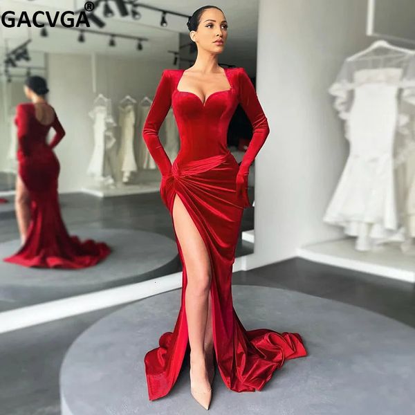 GACVGA Abito lungo elegante Abito da sera da sera Abiti Guanti da donna Manica Velluto rosso Abiti lunghi con spacco sexy Abiti da damigella d'onore 240129