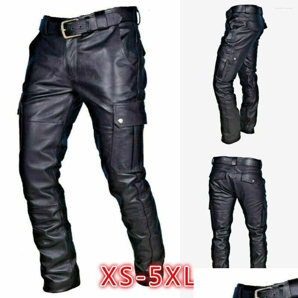 Calças masculinas moda motocicleta homens falso couro perna larga botão grande bolso cor sólida calças casuais bonito roupas masculinas dhuap