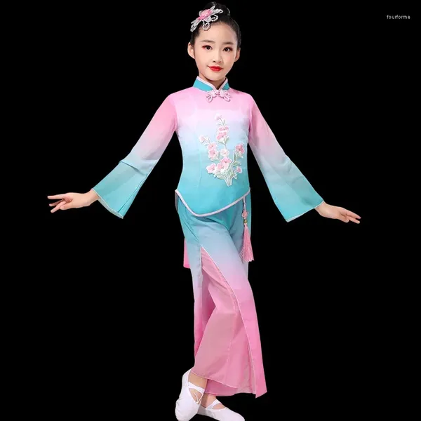 Bühnenkleidung Kinder-Yangko-Tanzkostüm, klassische Mädchen-elegante Performance-Kleidung, chinesischer Stil, traditionelle Fan-Kleidung