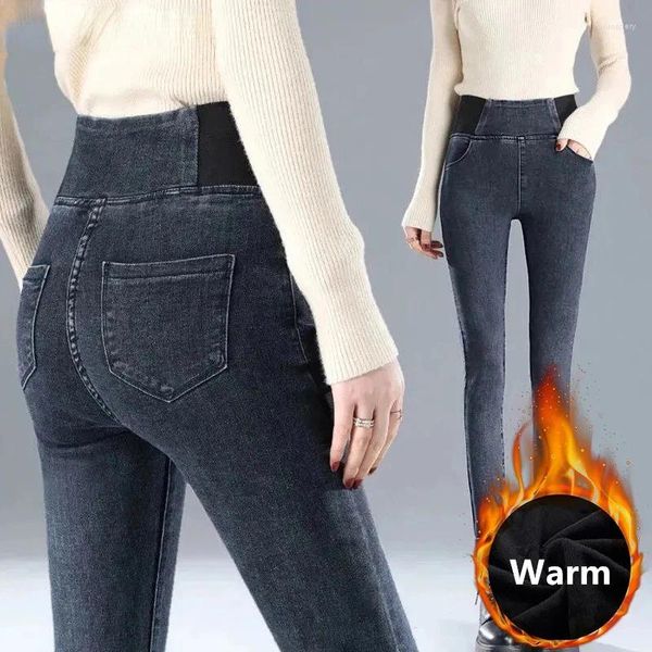 Calças de brim femininas inverno engrossar pelúcia veludo forrado lápis calças jeans cintura alta estiramento tamanho grande 26-38 leggings vaqueros magro jeansy