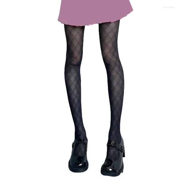 Женские носки, женские сексуальные черные шелковистые колготки Harajuku, японские винтажные колготки в клетку с ромбовидным узором, падение