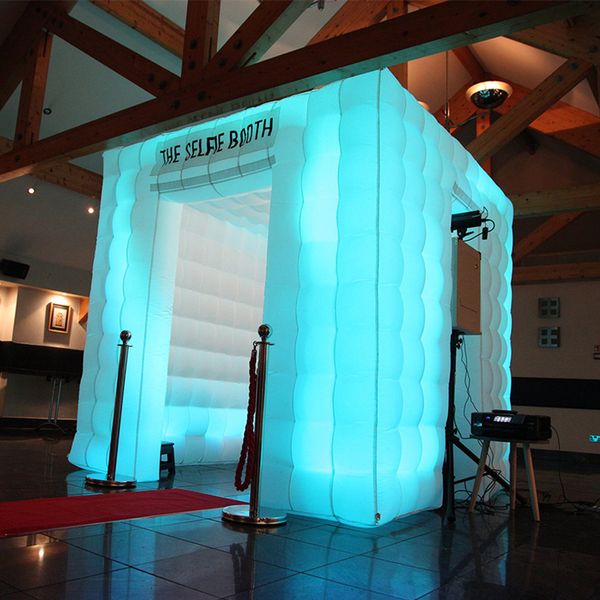 Atacado pano oxford cor branca tamanho 5x5x3,5mH (16,5x16,5x11,5 pés) 2 tiras de LED cabine fotográfica inflável barraca para festa de casamento com 2 portas