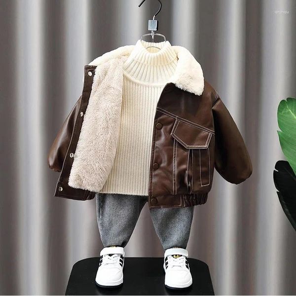 Giacche Invernali Bambino Bambini Abbigliamento per ragazzi Completi Colletto in pelliccia antivento Cappotto in pelle Pu per vestiti per bambini Pantaloncini in vita