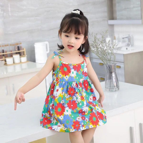 Mädchen Kleider Sommer Ärmellose Blumen Druck Casual Baumwolle Für Hosenträger Prinzessin Strand Kinder Kleidung